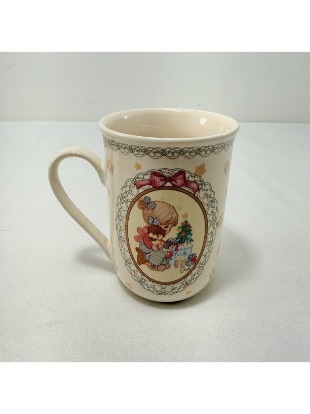 Vintage Precious Moments Enesco Mug Christmas Jesus Story Girl Kid Cross Stitch